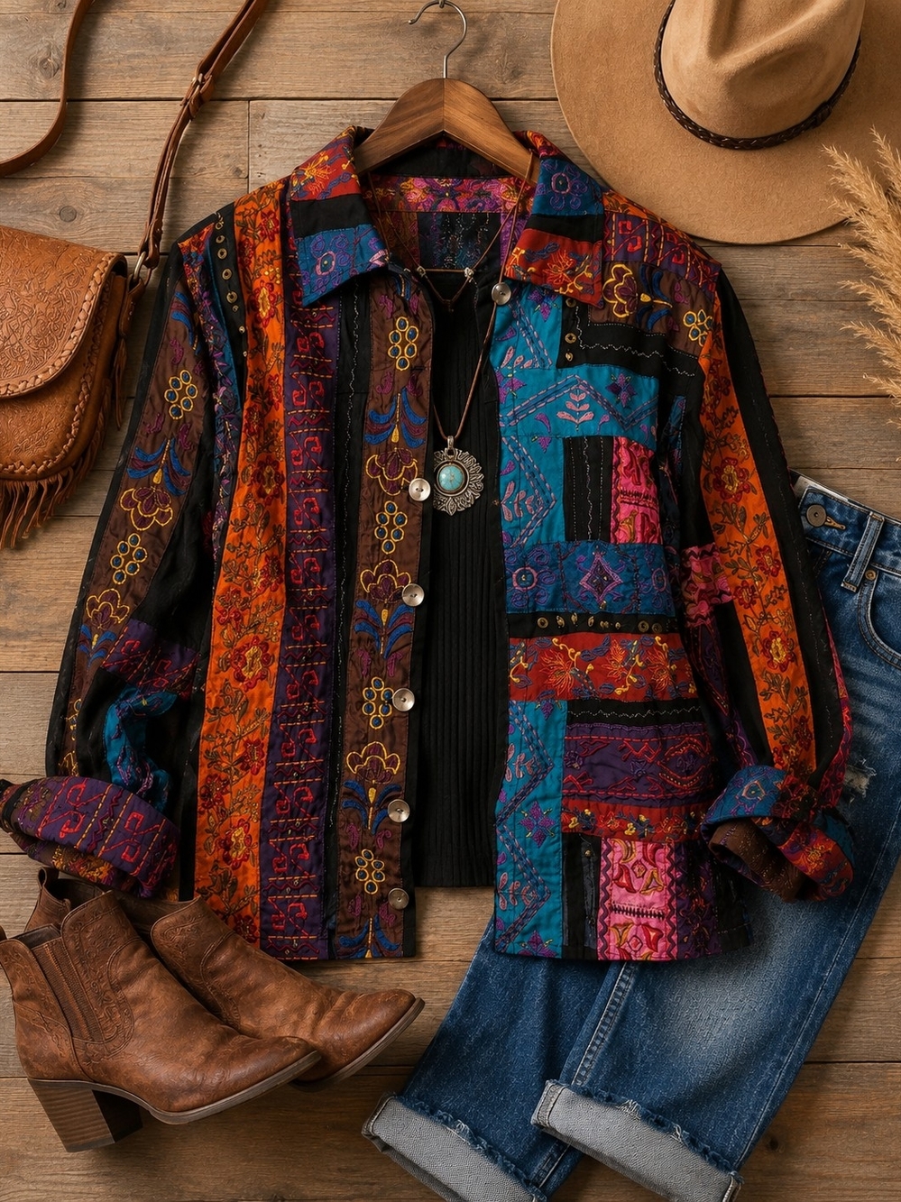 Chico's Patchwork Utility Jacket in Teal, Orange, Purple & Black